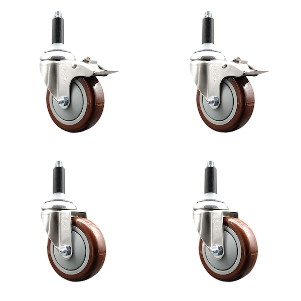 Service Caster 4 Inch 316SS Maroon Poly Swivel 7/8 Inch Stem Caster Lock Brake SCC, 2PK SS316TTLEX20S414-PPUB-MRN-2-S-2-78 - main